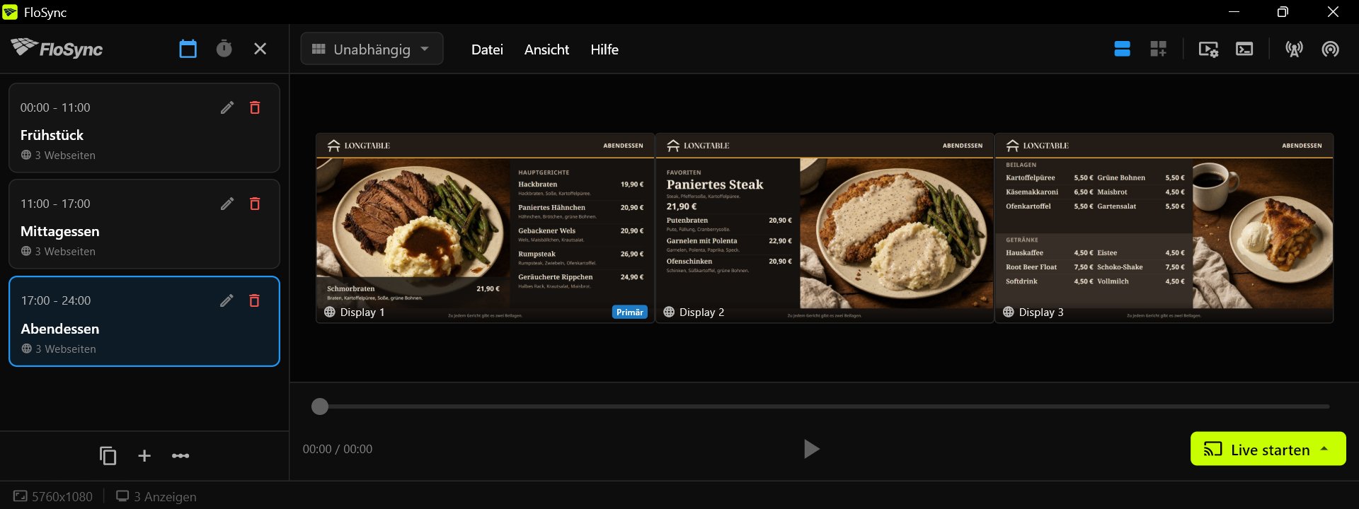 FloSync-Composer mit dem Abendessen-Menü auf drei Bildschirmen
