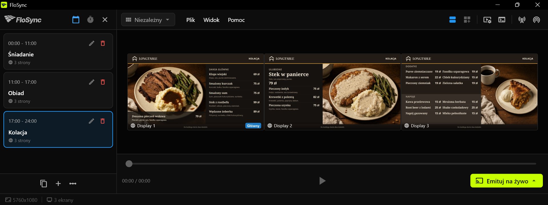 Kompozytor FloSync pokazujący menu kolacji na trzech ekranach