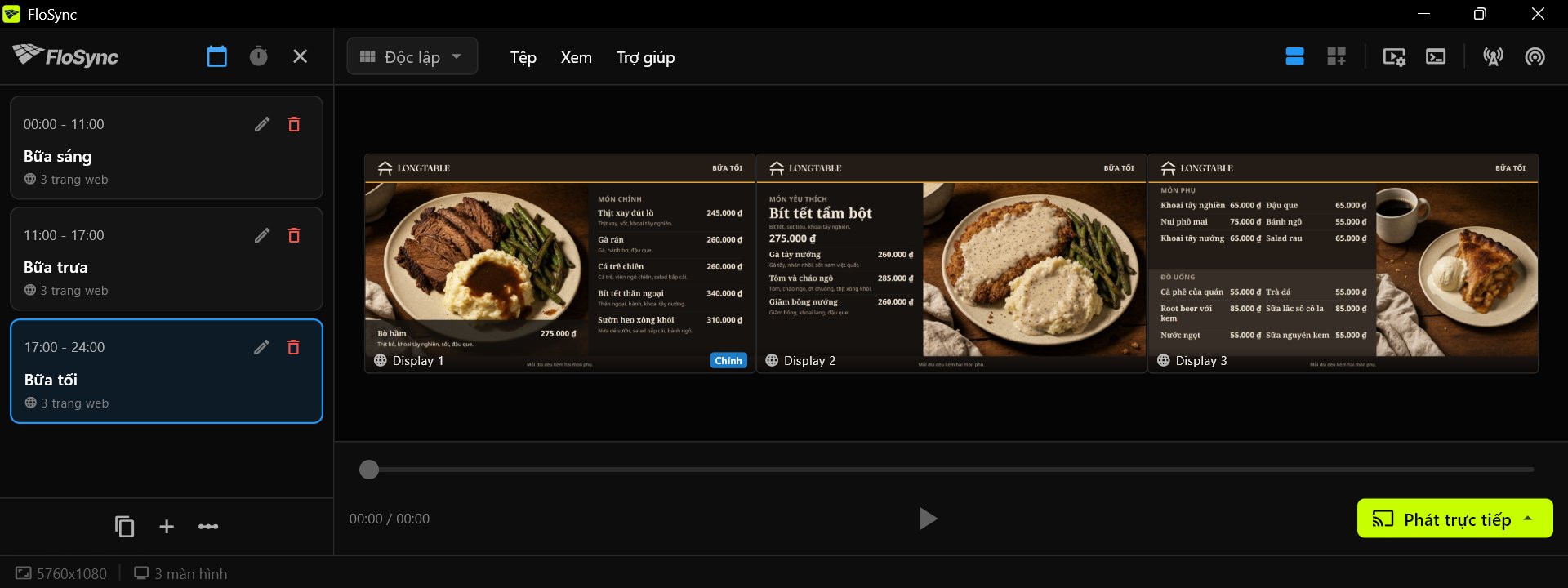 Giao diện chính của FloSync hiển thị bảng menu bữa tối trên ba màn hình