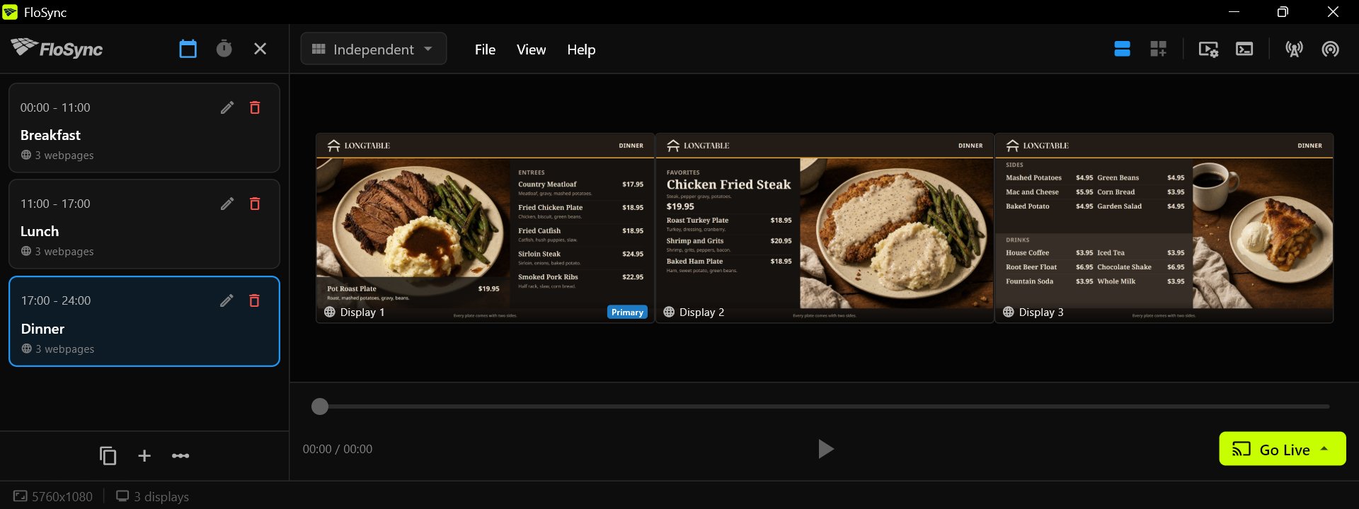 FloSync's composer showing the dinner menu across three screens