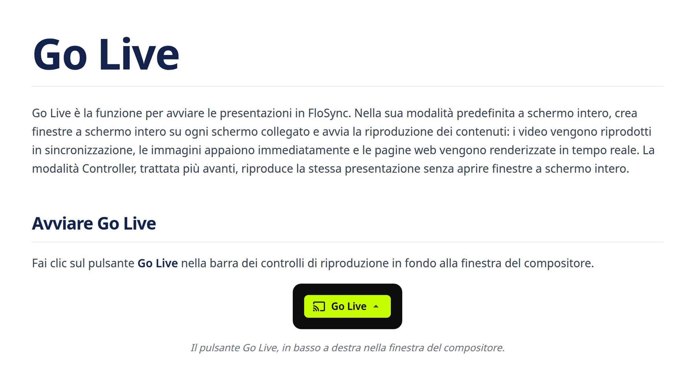 Go Live: schermo intero e modalità Controller | FloSync Docs