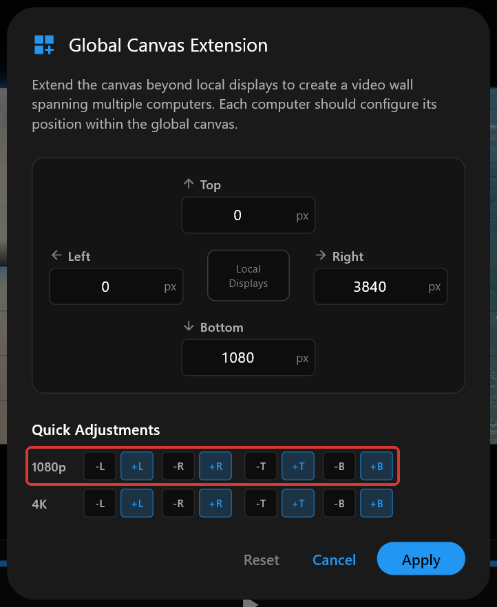 The Global Canvas Extension dialog with Top 0, Right 3840, Bottom 1080 and Left 0, a Quick Adjustments row of 1080p and 4K buttons, and Reset, Cancel and Apply.