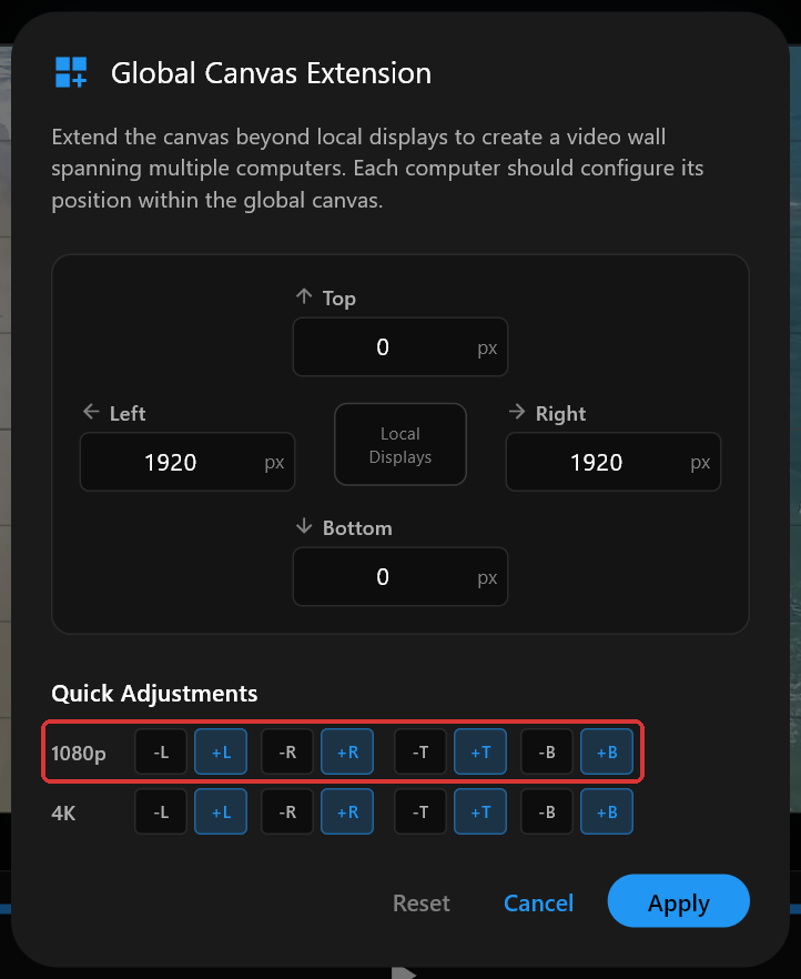 The Global Canvas Extension dialog with Top 0, Right 1920, Bottom 0 and Left 1920, a Quick Adjustments row of 1080p and 4K buttons, and Reset, Cancel and Apply.