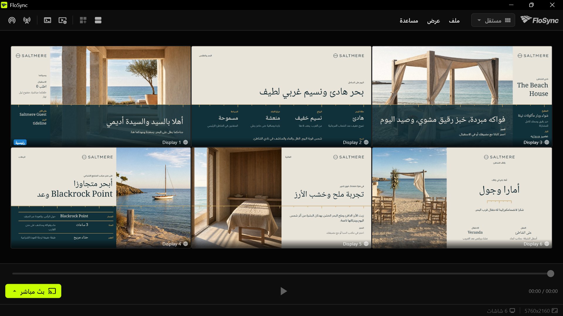 مؤلّف FloSync في الوضع المستقل بستة مربّعات شاشة في صفّين من ثلاثة، كل منها يحمل تصميمًا مختلفًا من Tide Line: ترحيب الوصول، والبحر والطقس، ونادي الشاطئ، والرحلات، والعافية، وترحيب زفاف الشاطئ