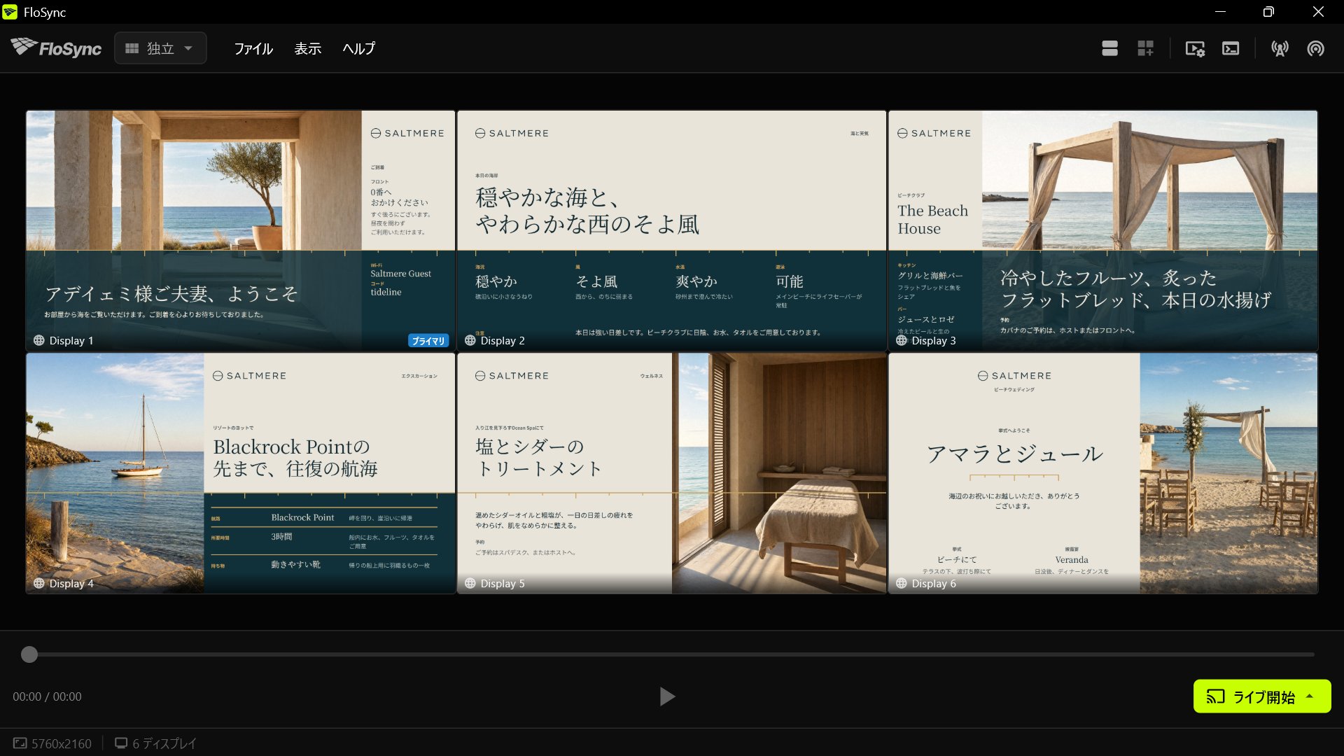 独立モードのFloSyncコンポーザー。6つのスクリーンボックスが2行3列に並び、それぞれ異なるTide Lineのデザイン、到着ウェルカム、海と天気、ビーチクラブ、エクスカーション、ウェルネス、ビーチウェディングが表示されている
