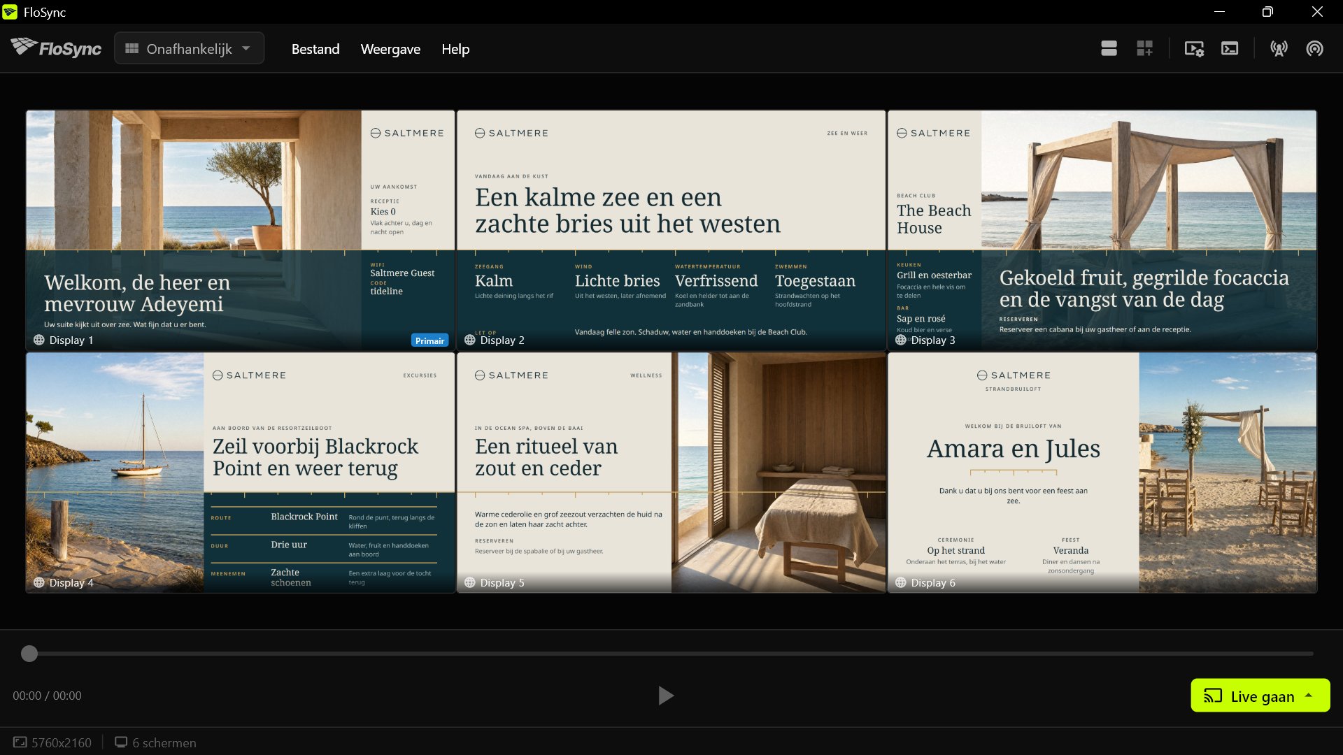 FloSyncs composer in Onafhankelijk-modus met zes schermvakken in twee rijen van drie, elk met een ander Tide Line-ontwerp: de aankomstwelkom, zee en weer, beach club, excursies, wellness en strandbruiloft