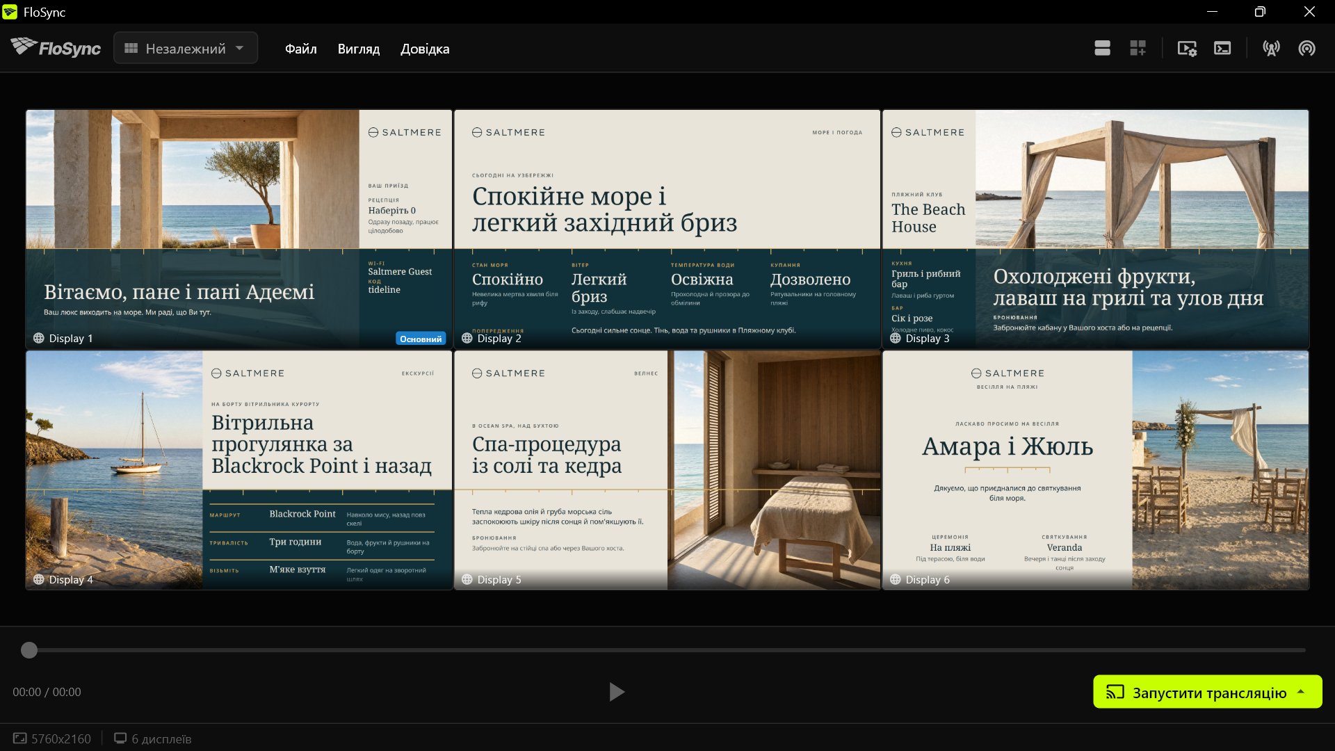 Вікно компонування FloSync у режимі Незалежний із шістьма блоками екранів у два ряди по три, кожен з яких показує інший макет Tide Line: вітання при заїзді, море і погоду, пляжний клуб, екскурсії, велнес і весілля на пляжі