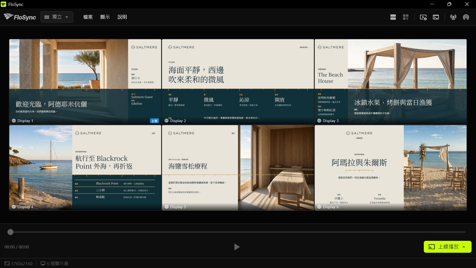 FloSync 編排器處於獨立模式，六個螢幕方塊排成兩行三列，各自顯示不同的 Tide Line 設計：迎賓、海象與天氣、海灘俱樂部、出遊、養生與海灘婚禮