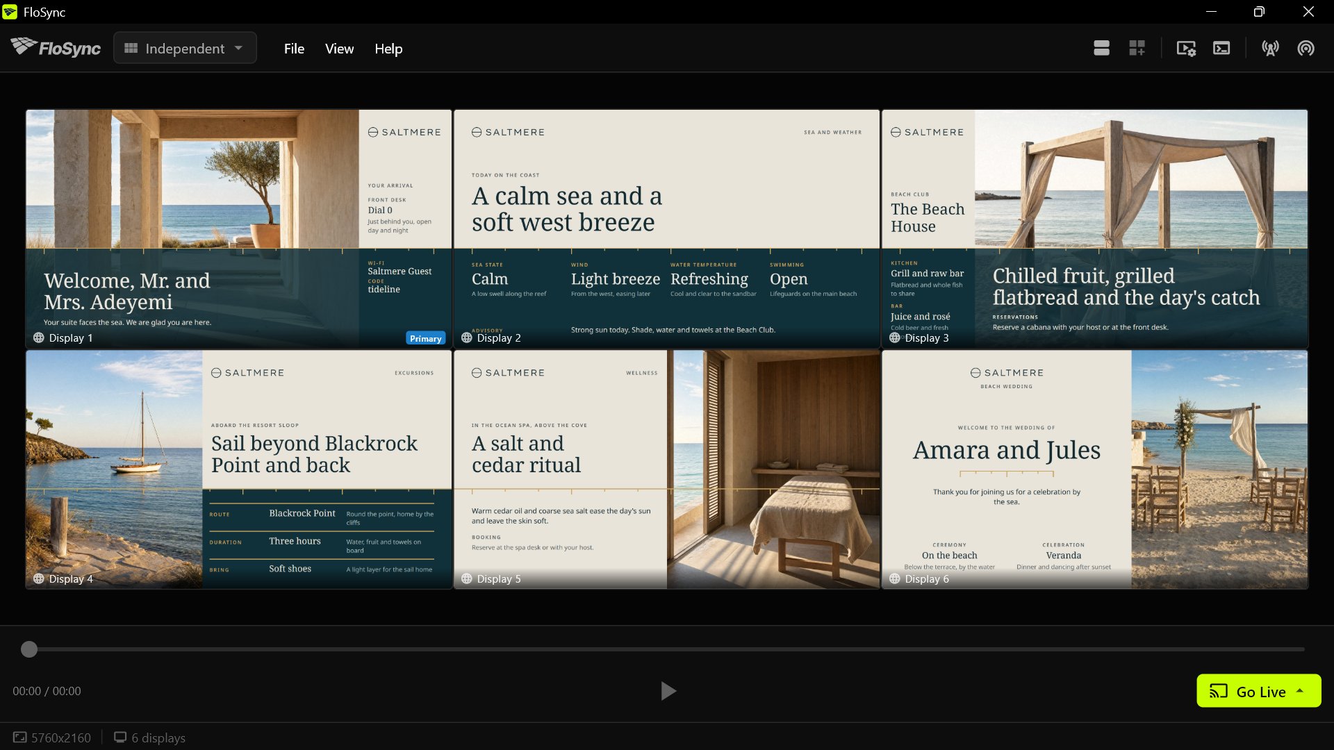 FloSync's composer in Independent mode with six screen boxes in two rows of three, each holding a different Tide Line design: the arrival welcome, sea and weather, beach club, excursions, wellness and beach wedding