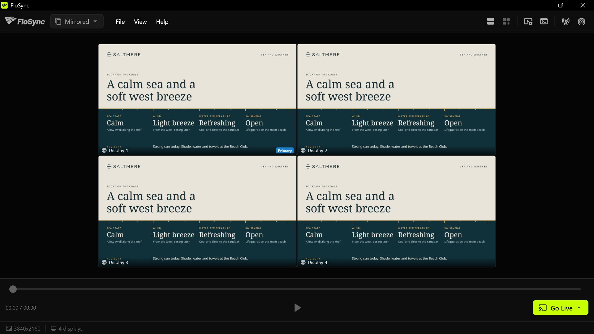 The control panel in Mirrored mode with four screen boxes in a two-by-two grid, all showing the same SALTMERE Sea and Weather design.