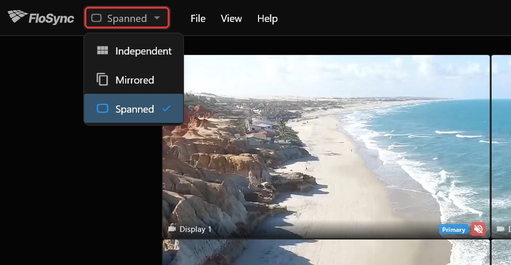 The control panel with the Mode dropdown open, listing Independent, Mirrored and Spanned, with Spanned selected.
