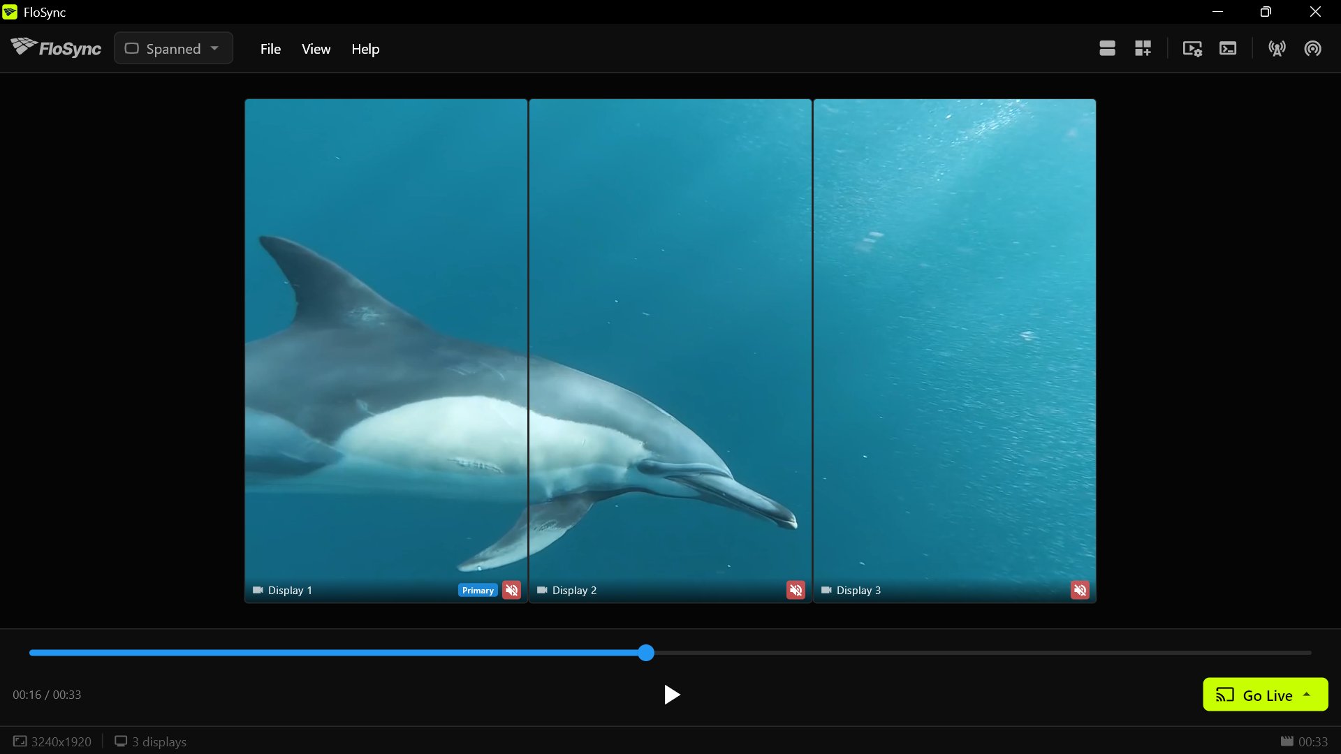 The control panel in Spanned mode with three portrait screen boxes side by side showing one continuous underwater video of a dolphin.