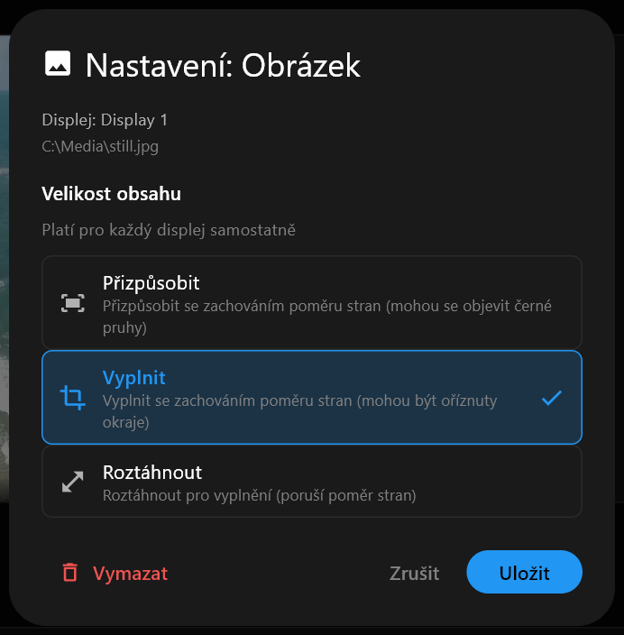 Dialog Nastavení: Obrázek pro statický obrázek, s možnostmi Velikosti obsahu Přizpůsobit, Vyplnit a Roztáhnout, se zaškrtnutým Vyplnit, a tlačítky Vymazat, Zrušit a Uložit.