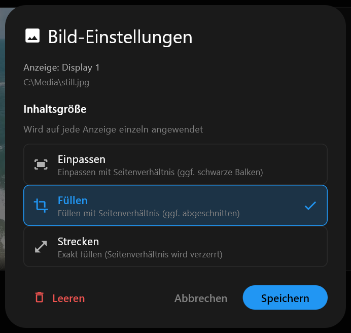 Der Dialog Bild-Einstellungen für ein Standbild, mit den Inhaltsgröße-Optionen Einpassen, Füllen und Strecken, Füllen markiert, und den Schaltflächen Leeren, Abbrechen und Speichern.