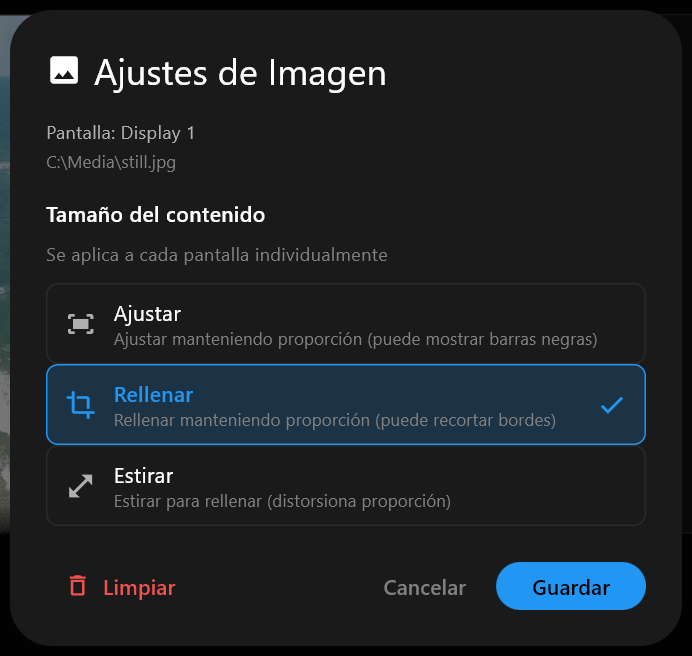 El diálogo Ajustes de Imagen para una imagen estática, con las opciones de Tamaño del contenido Ajustar, Rellenar y Estirar, Rellenar marcada, y los botones Limpiar, Cancelar y Guardar.