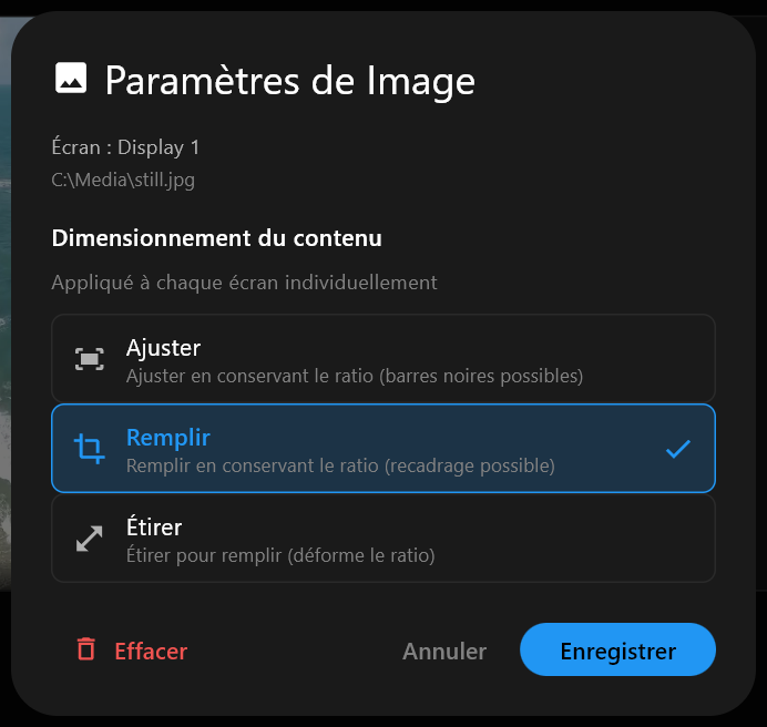 La boîte de dialogue Paramètres de Image pour une image fixe, avec les options de Dimensionnement du contenu Ajuster, Remplir et Étirer, Remplir cochée, et les boutons Effacer, Annuler et Enregistrer.