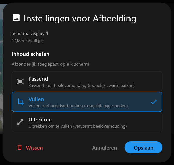 Het dialoogvenster Instellingen voor Afbeelding voor een stilstaande afbeelding, met de opties van Inhoud schalen: Passend, Vullen en Uitrekken, met Vullen aangevinkt, en de knoppen Wissen, Annuleren en Opslaan.