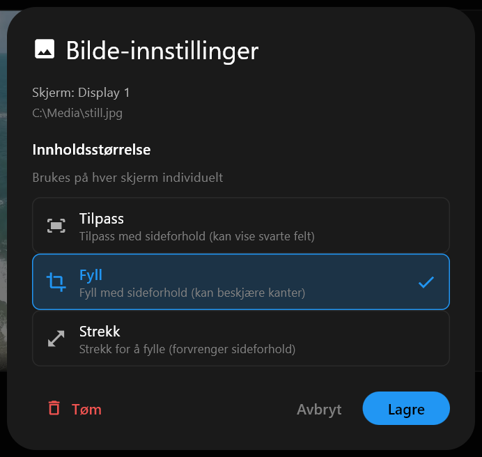 Dialogboksen Bilde-innstillinger for et stillbilde, med Innholdsstørrelse-alternativene Tilpass, Fyll og Strekk, Fyll avkrysset, og knappene Tøm, Avbryt og Lagre.