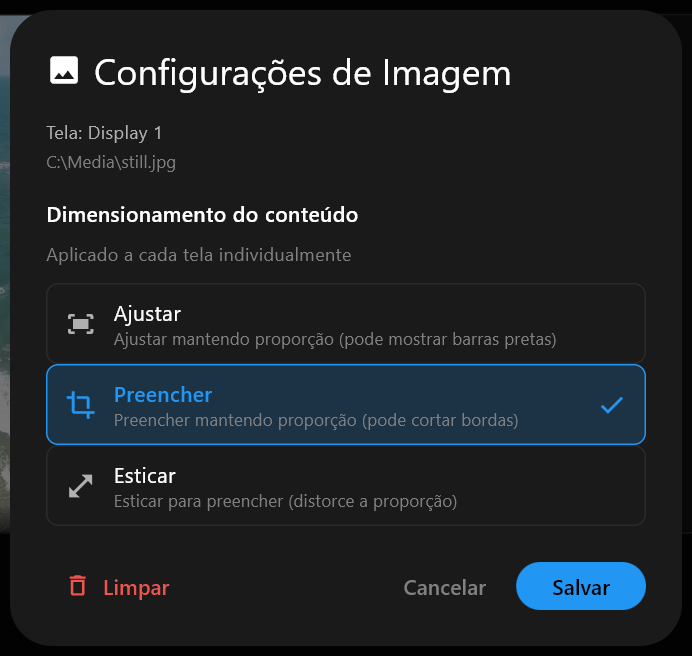 O diálogo Configurações de Imagem para uma imagem estática, com as opções de Dimensionamento do conteúdo Ajustar, Preencher e Esticar, Preencher marcada, e os botões Limpar, Cancelar e Salvar.