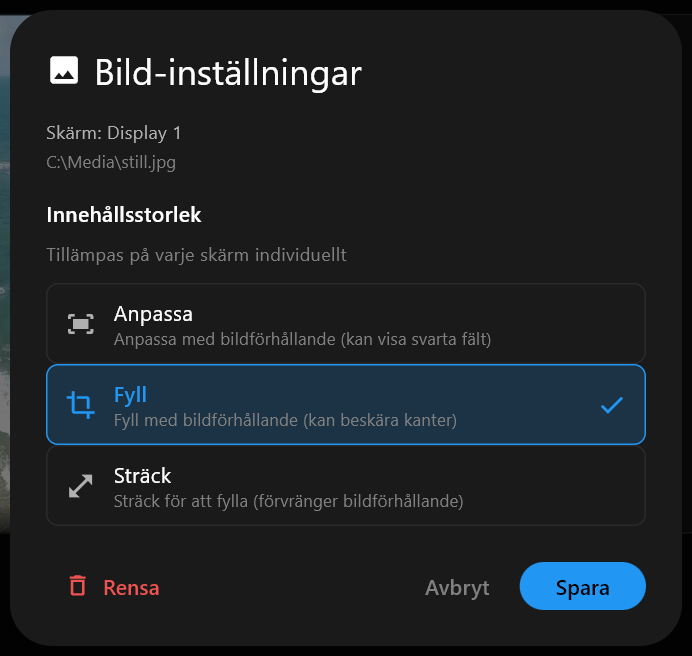 Dialogrutan Bild-inställningar för en bild, med Innehållsstorlek-alternativen Anpassa, Fyll och Sträck, Fyll markerat, och knapparna Rensa, Avbryt och Spara.