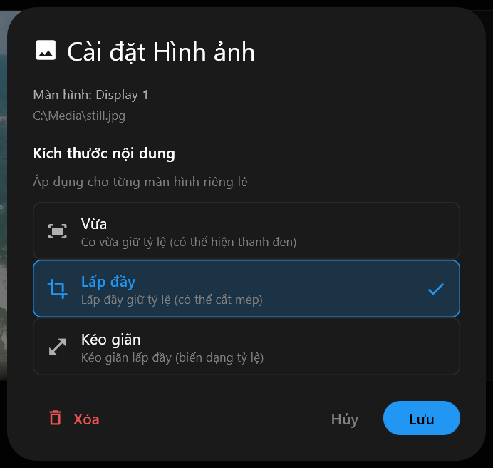 Hộp thoại Cài đặt Hình ảnh cho một hình ảnh, với các tùy chọn Kích thước nội dung Vừa, Lấp đầy và Kéo giãn, đã chọn Lấp đầy, và các nút Xóa, Hủy và Lưu.