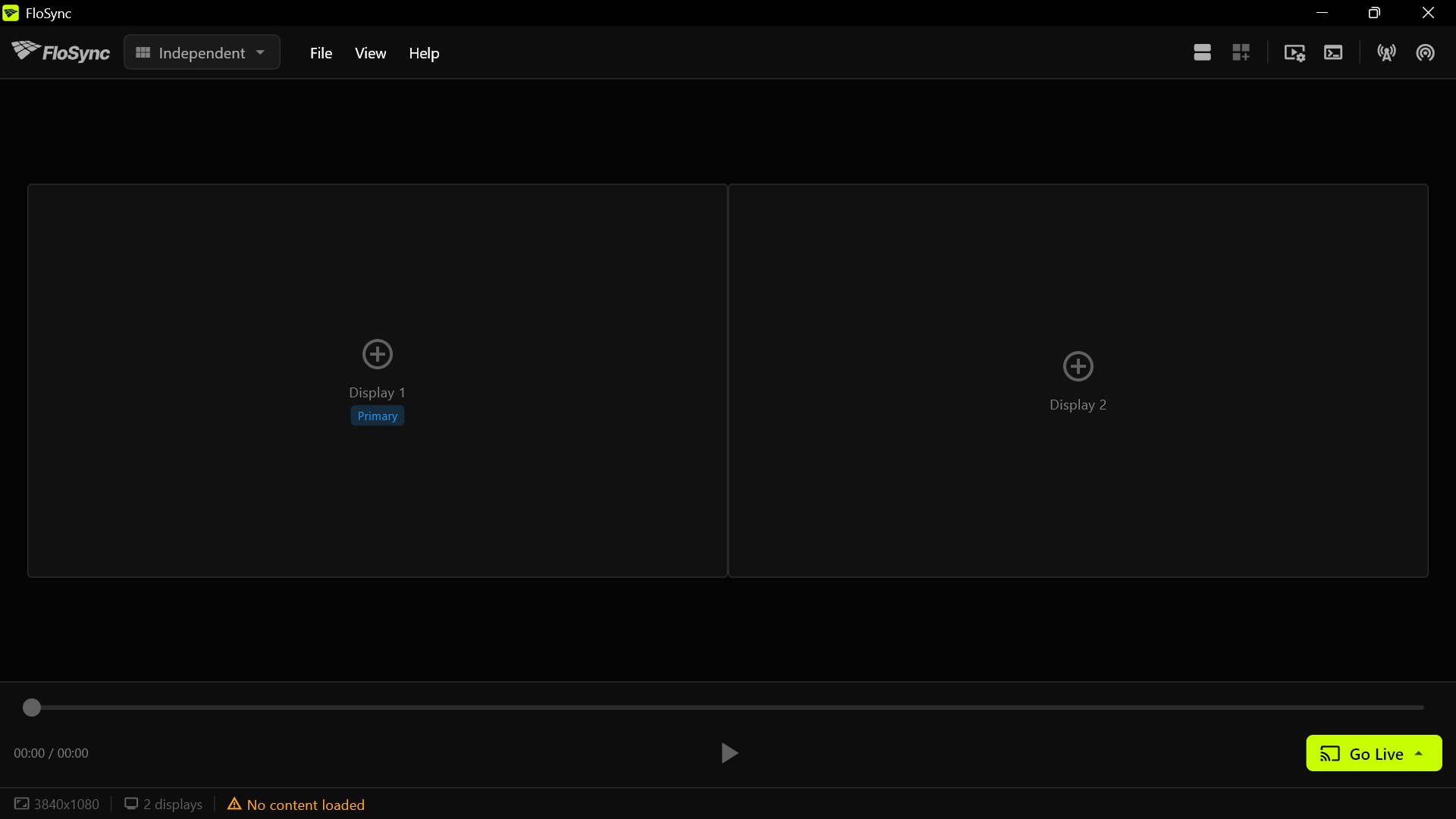 The FloSync control panel with its four regions numbered: the top bar, the screen arrangement area with two empty display boxes, the playback controls bar, and the status bar.