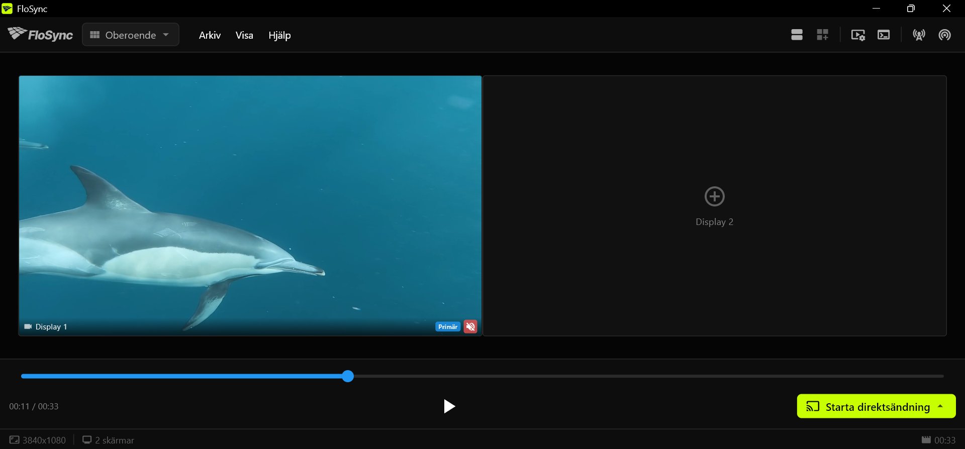 FloSyncs kontrollpanel med en delfinvideo på Display 1, en tom Display 2 som visar ett plustecken, tidslinjen en bit in, och knapparna för uppspelning och Starta direktsändning i det nedre fältet.