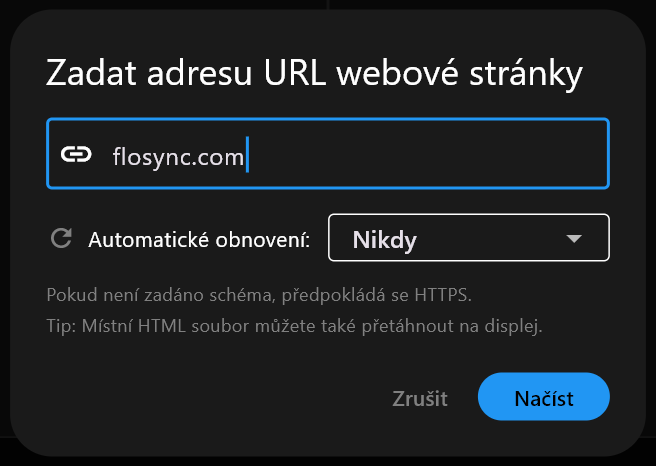 Dialog Zadat adresu URL webové stránky s flosync.com zadaným v poli adresy, Automatickým obnovením nastaveným na Nikdy, a tlačítky Zrušit a Načíst.
