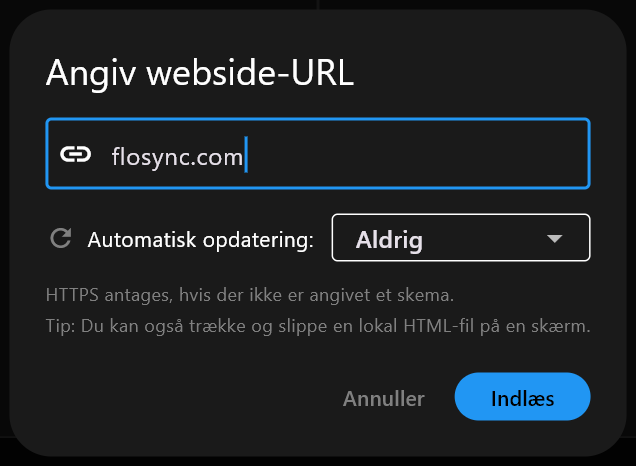 Dialogen Angiv webside-URL med flosync.com skrevet ind i adressefeltet, Automatisk opdatering sat til Aldrig, og knapperne Annuller og Indlæs.
