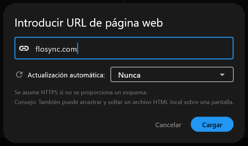 El diálogo Introducir URL de página web con flosync.com escrito en el campo de dirección, Actualización automática definida en Nunca, y los botones Cancelar y Cargar.