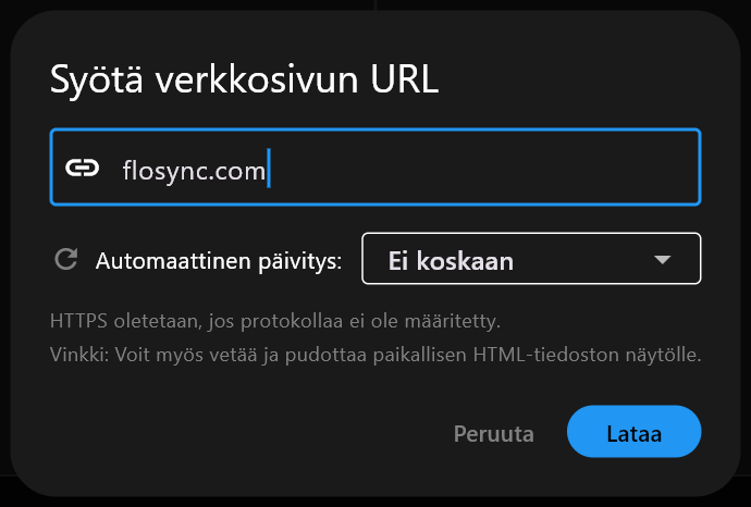 Syötä verkkosivun URL -dialogi, jossa flosync.com on kirjoitettu osoitekenttään, Automaattinen päivitys asetettuna arvoon Ei koskaan, sekä painikkeet Peruuta ja Lataa.