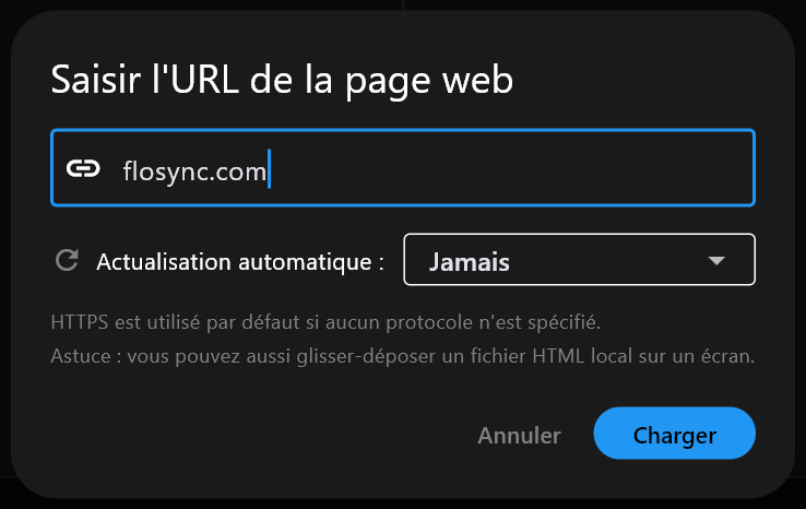 La boîte de dialogue Saisir l'URL de la page web avec flosync.com saisi dans le champ d'adresse, Actualisation automatique définie sur Jamais, et les boutons Annuler et Charger.