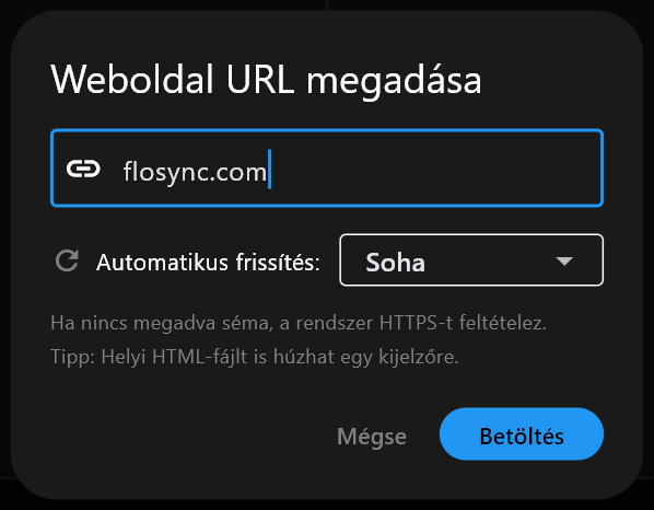 A Weboldal URL megadása párbeszédablak, a flosync.com beírva a címmezőbe, az Automatikus frissítés Soha értékre állítva, valamint a Mégse és Betöltés gombokkal.