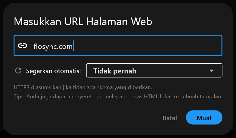 Dialog Masukkan URL Halaman Web dengan flosync.com diketik di kolom alamat, Segarkan otomatis diatur ke Tidak pernah, serta tombol Batal dan Muat.