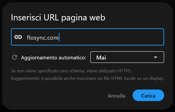 La finestra di dialogo Inserisci URL pagina web con flosync.com digitato nel campo indirizzo, Aggiornamento automatico impostato su Mai, e i pulsanti Annulla e Carica.