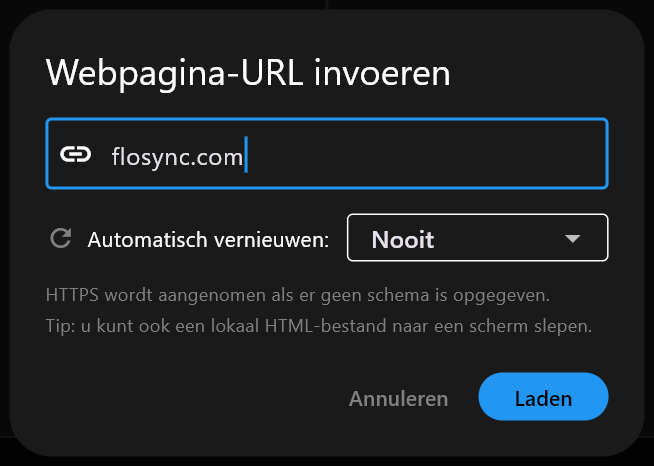 Het dialoogvenster Webpagina-URL invoeren met flosync.com getypt in het adresveld, Automatisch vernieuwen ingesteld op Nooit, en de knoppen Annuleren en Laden.