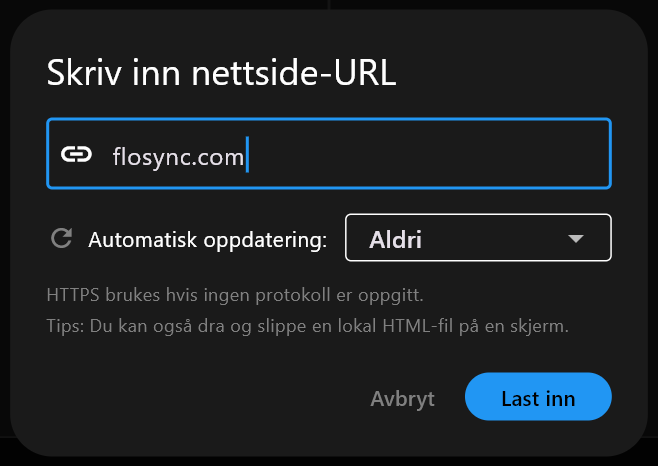 Dialogboksen Skriv inn nettside-URL med flosync.com skrevet inn i adressefeltet, Automatisk oppdatering satt til Aldri, og knappene Avbryt og Last inn.