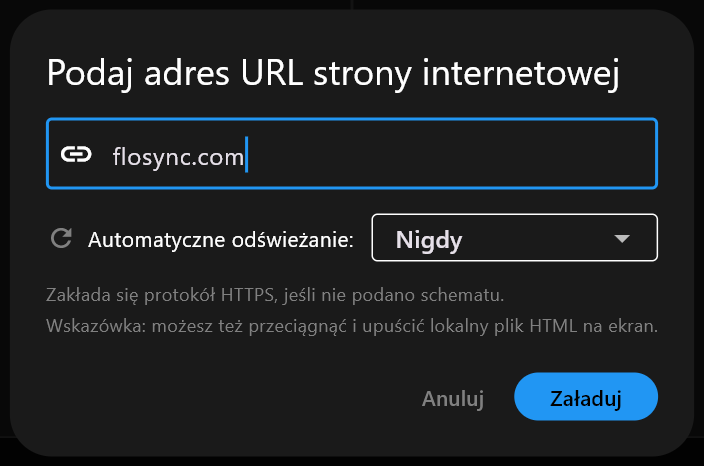 Okno Podaj adres URL strony internetowej z wpisanym w polu adresu flosync.com, Automatycznym odświeżaniem ustawionym na Nigdy, oraz przyciskami Anuluj i Załaduj.