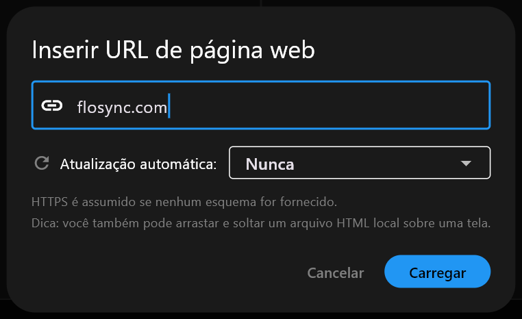 O diálogo Inserir URL de página web com flosync.com digitado no campo de endereço, Atualização automática definida como Nunca, e os botões Cancelar e Carregar.