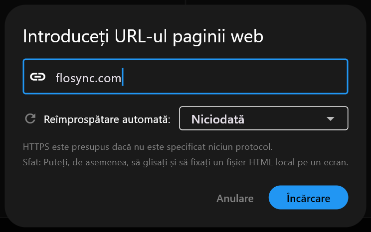Dialogul Introduceți URL-ul paginii web cu flosync.com completat în câmpul de adresă, Reîmprospătare automată setată la Niciodată, și butoanele Anulare și Încărcare.
