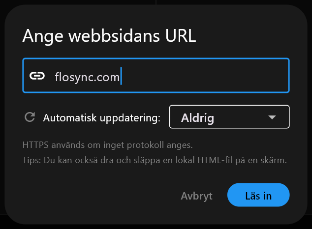 Dialogrutan Ange webbsidans URL med flosync.com skrivet i adressfältet, Automatisk uppdatering inställd på Aldrig, och knapparna Avbryt och Läs in.