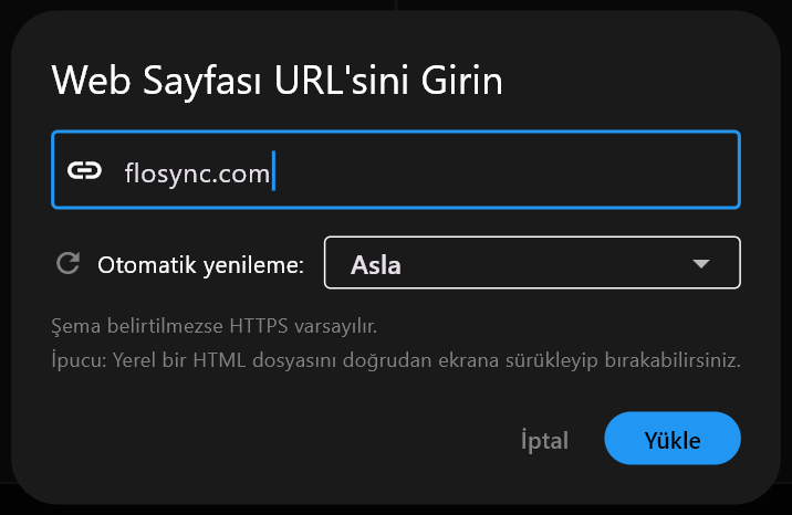 Web Sayfası URL'sini Girin iletişim kutusu; adres alanına yazılmış flosync.com, Asla olarak ayarlanmış Otomatik yenileme, ve İptal ile Yükle düğmeleri.