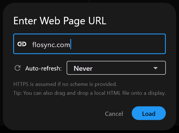 The Enter Web Page URL dialog with flosync.com typed in the address field, Auto-refresh set to Never, and the Cancel and Load buttons.