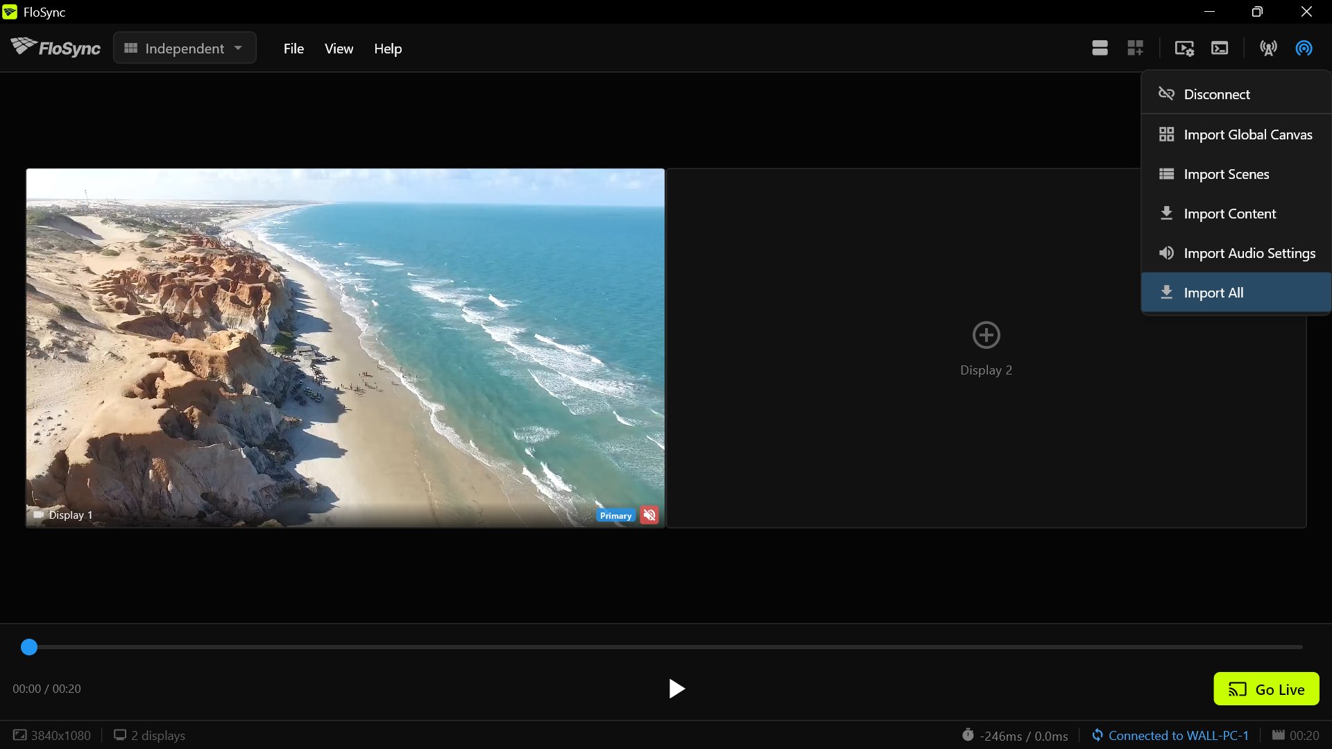 The control panel on a client connected to WALL-PC-1 with the import menu open, listing Disconnect, Import Global Canvas, Import Scenes, Import Content, Import Audio Settings and Import All.