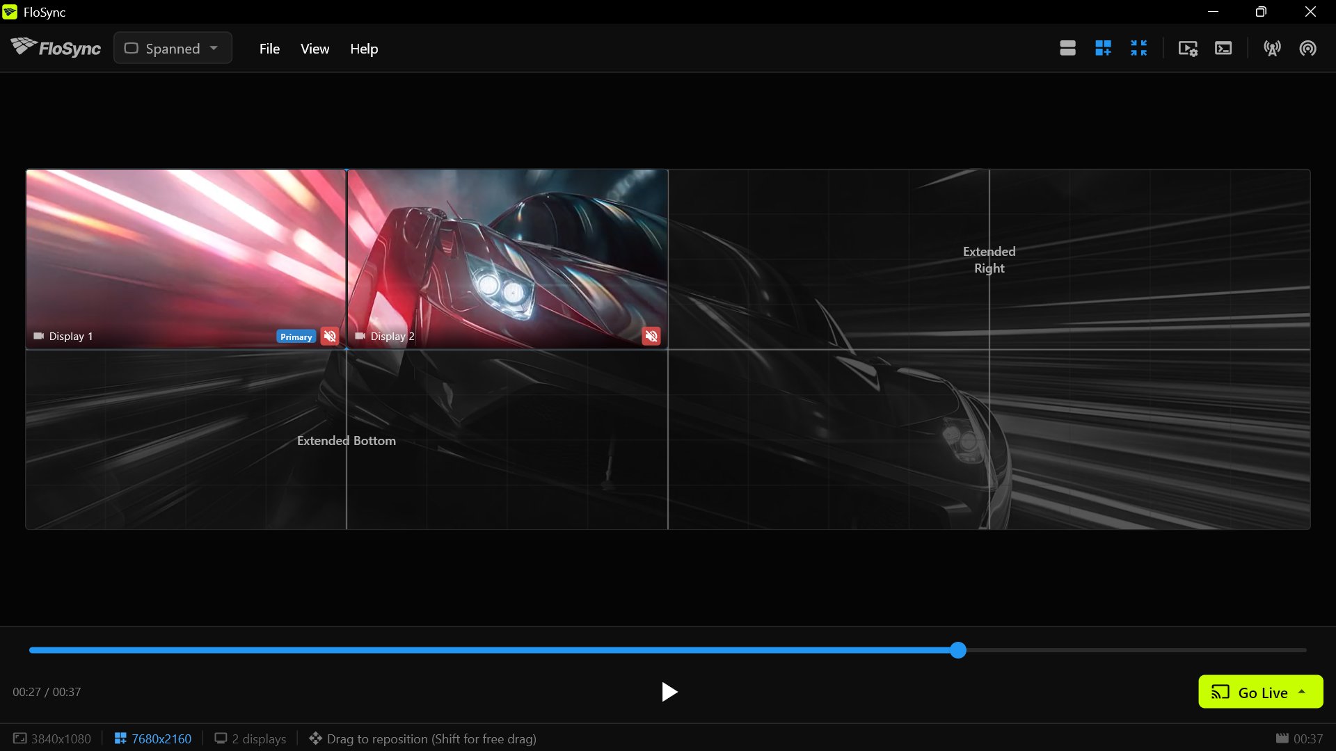 FloSync on PC 1, showing content on its two screens in the wall's top-left and the rest of the canvas as virtual space.