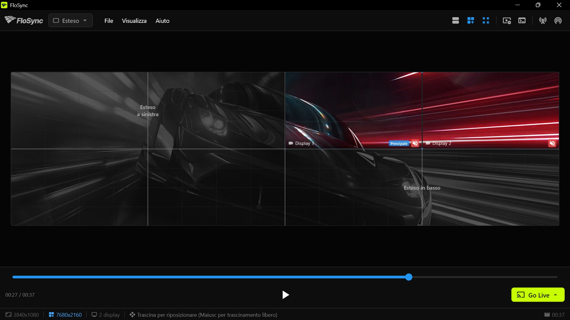 FloSync su PC 2, che mostra contenuto sui suoi due schermi nell'angolo in alto a destra del muro e il resto del canvas come spazio virtuale.