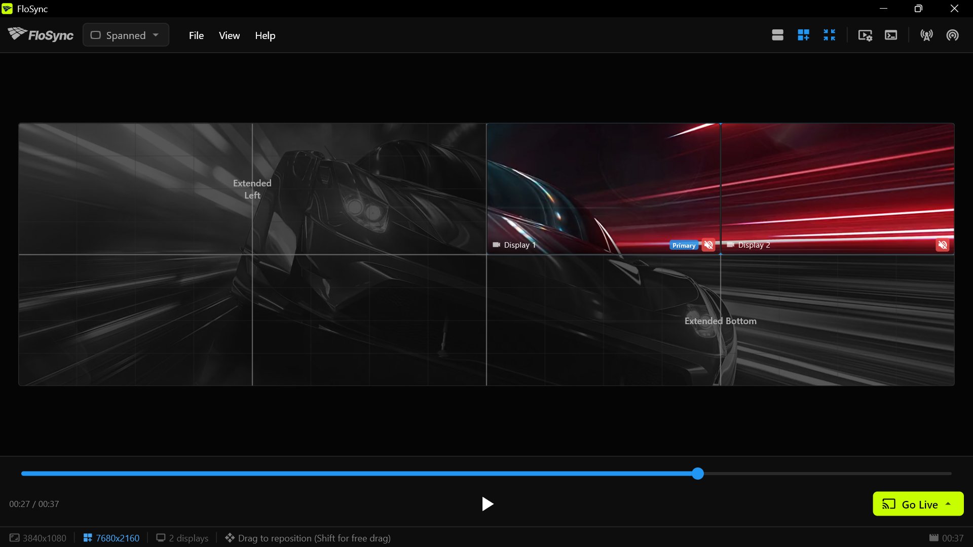 FloSync on PC 2, showing content on its two screens in the wall's top-right and the rest of the canvas as virtual space.