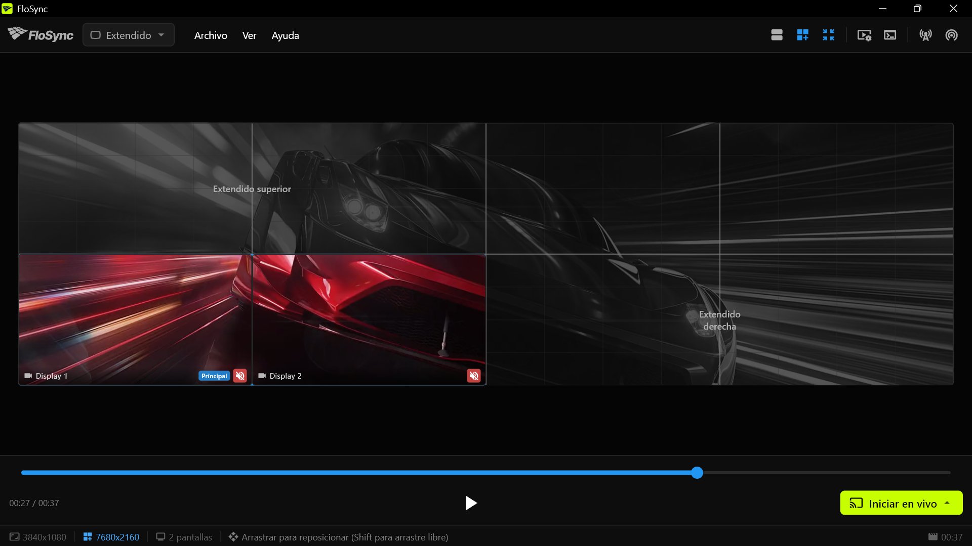 FloSync en el PC 3, mostrando contenido en sus dos pantallas en la parte inferior izquierda del muro y el resto del lienzo como espacio virtual.