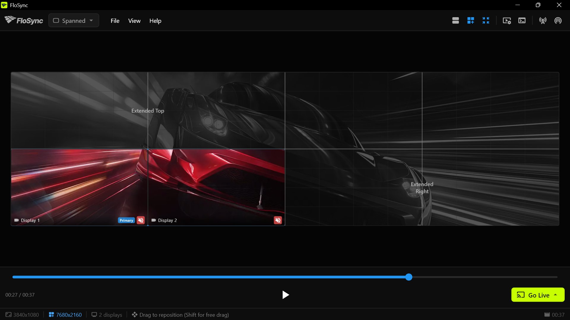 FloSync on PC 3, showing content on its two screens in the wall's bottom-left and the rest of the canvas as virtual space.