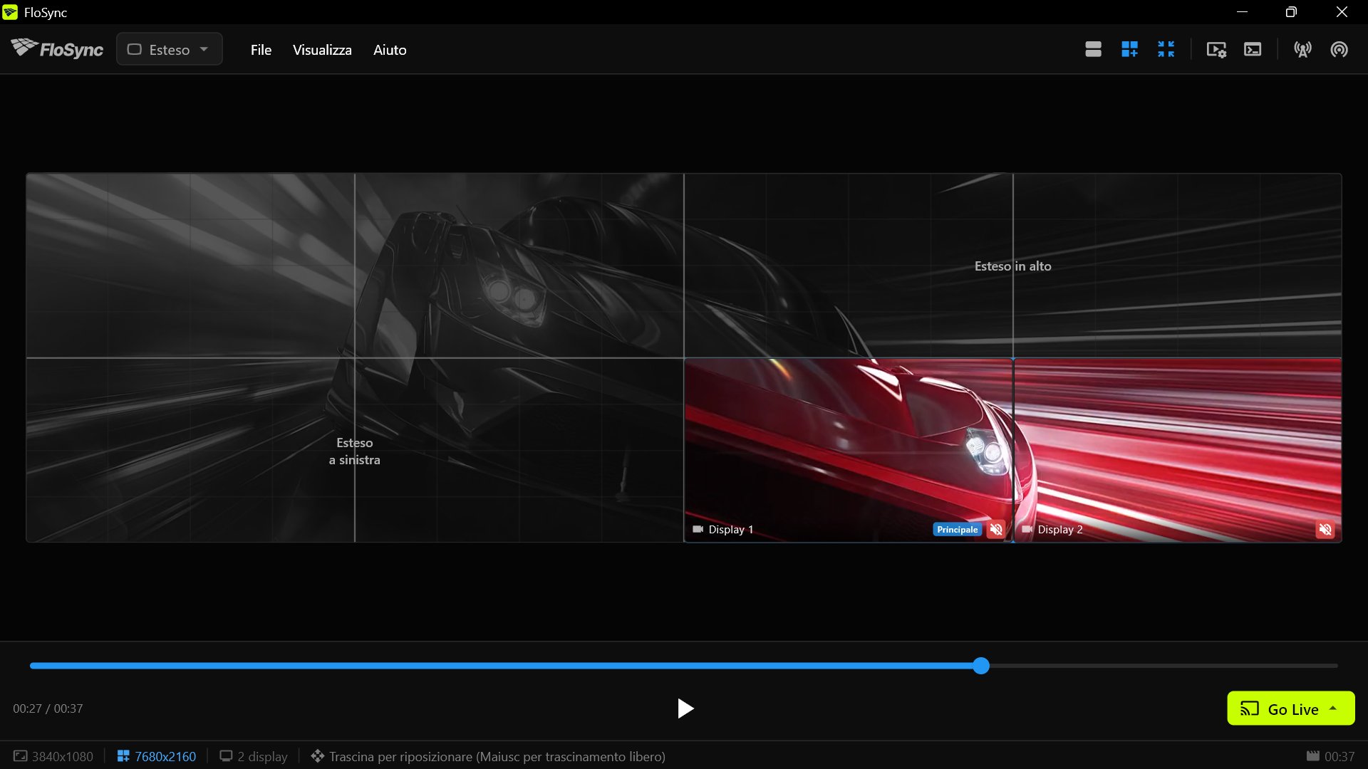 FloSync su PC 4, che mostra contenuto sui suoi due schermi nell'angolo in basso a destra del muro e il resto del canvas come spazio virtuale.